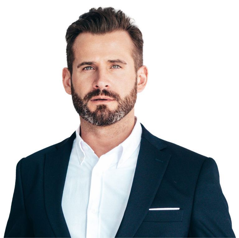 White business man in blue suit.